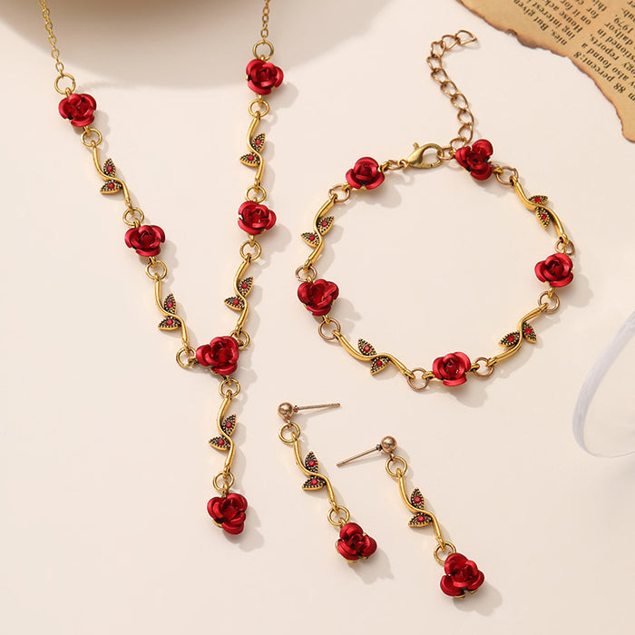 Wholesale Rose Flower Bracelet suit Elegant Red Rose Necklace Trendy Bracelet