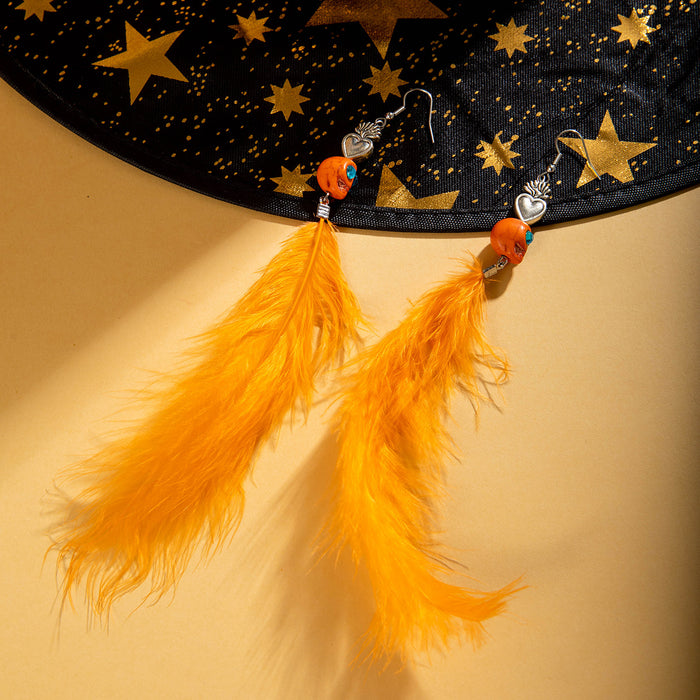Wholesale Orange Feather Earrings Skull Pumpkin Design Jewelry Accessory MOQ≥2