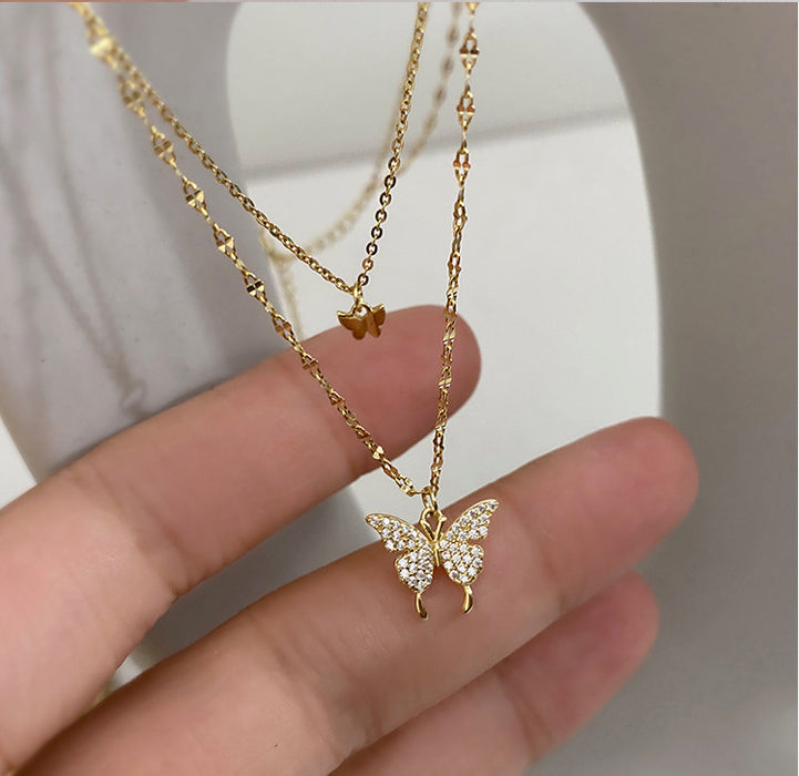 Wholesale Double-layer Butterfly Necklace ~ Flash Diamond  Chain