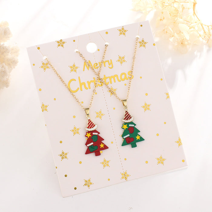 Wholesale Christmas Series Children' s Good Friend Necklace Set Snowman Christmas Tree Pendant Alloy Oil Dropping Cartoon Jewelry