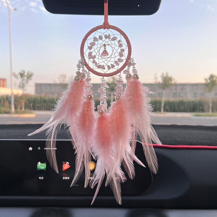 Wholesale Crystal Stone Dream Catcher Car Pendant Feather Wind Chime Rearview Mirror Decorative Accessory MOQ≥2
