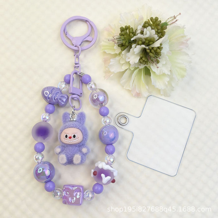 Wholesale Flocking sitting funny colorful beaded mobile phone chain keychain bag doll pendant accessories