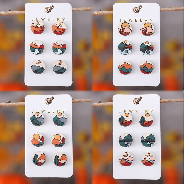Wholesale Bohemian Abstract Sun Mountains Rivers Simple Scenery Earrings Set Wooden Earrings Gift