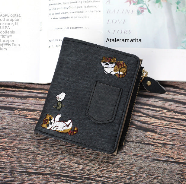 Wholesale Women's Jeans Wallet Cat Embroidery Canvas Pattern Large Capacity Button Mobile Phone Pocket Decorative Lady's Bag