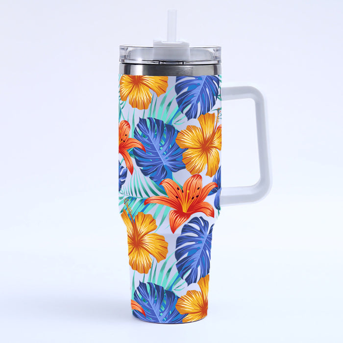 Wholesale Amazon Cross-Border 40oz Tropical Leaf Ice Cup Stainless Steel Thermal Insulation Car Cup Large Capacity with Handle