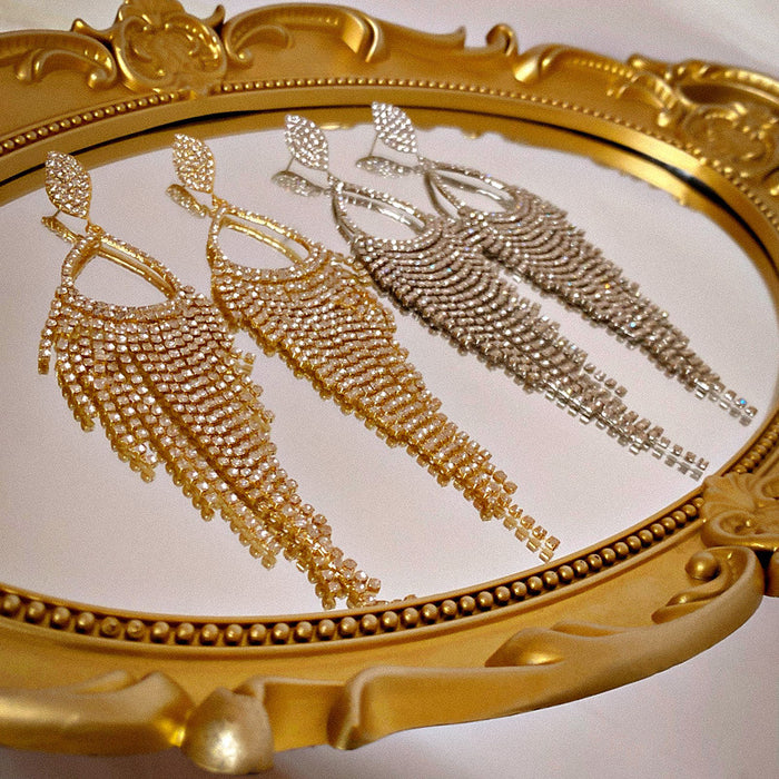 Wholesale Diamond Water Drop Long Tassel Silver Pin Earrings for Women