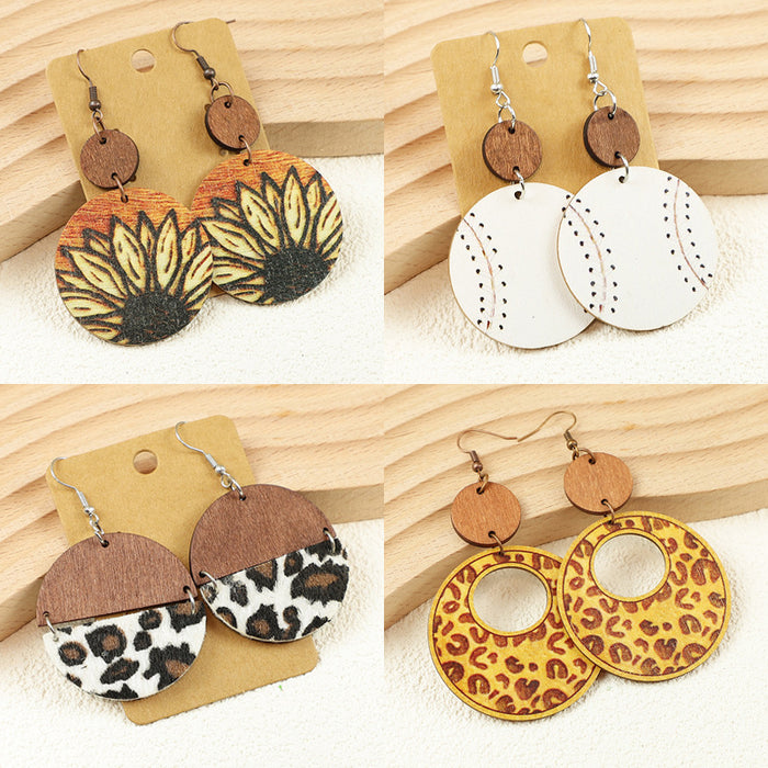 Wholesale Western Style Sunflower Old Wooden Disc Splicing Sports Baseball Leopard Print Women' s Wooden Earrings