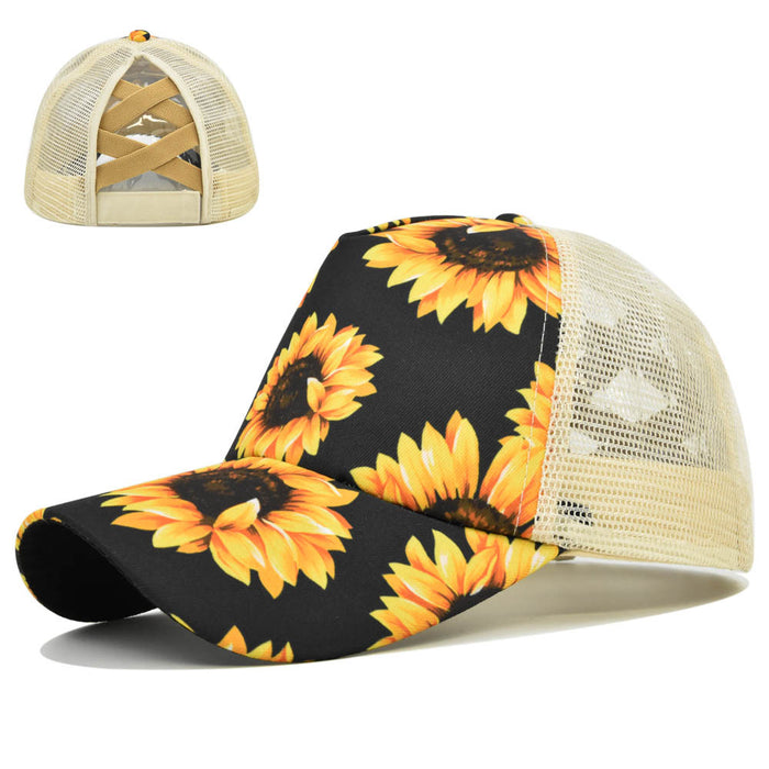 Wholesale Cotton Western Style Sunflower Cross Elastic Mesh Baseball Cap JDC-FH-DeX007