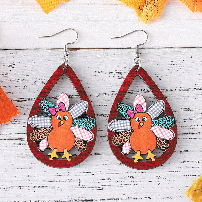 Wholesale Harvest Thanksgiving Cute Turkey Water Drop Hollow Pendant Earrings Wooden Double-Sided Earrings