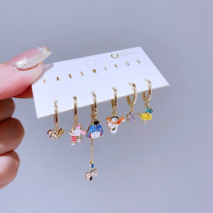 Wholesale   Cute Cartoon Ear Buckle 6-piece Set Color Drop Glaze Asymmetric Earrings Earrings