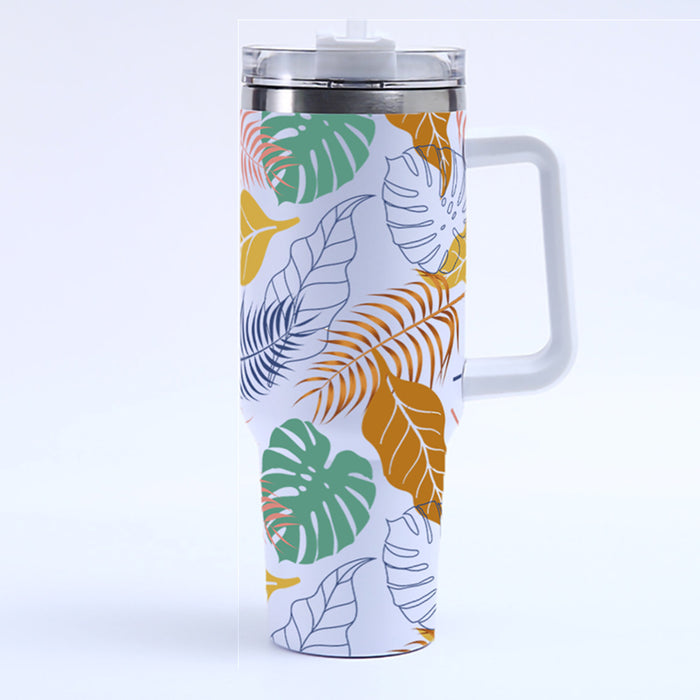 Wholesale Amazon Cross-Border 40oz Tropical Leaf Ice Cup Stainless Steel Thermal Insulation Car Cup Large Capacity with Handle
