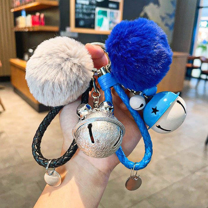 Wholesale Fur Ball Two-color Bell Leather Rope Keychain JDC-KC-YuanD003