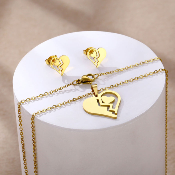 Wholesale Heart shaped heart-shaped stainless steel necklace earring set, fashionable and personalized jewelry set