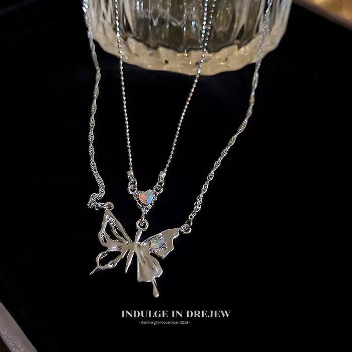 Wholesale Silver Butterfly necklace women's  double-layer stacked clavicle chain