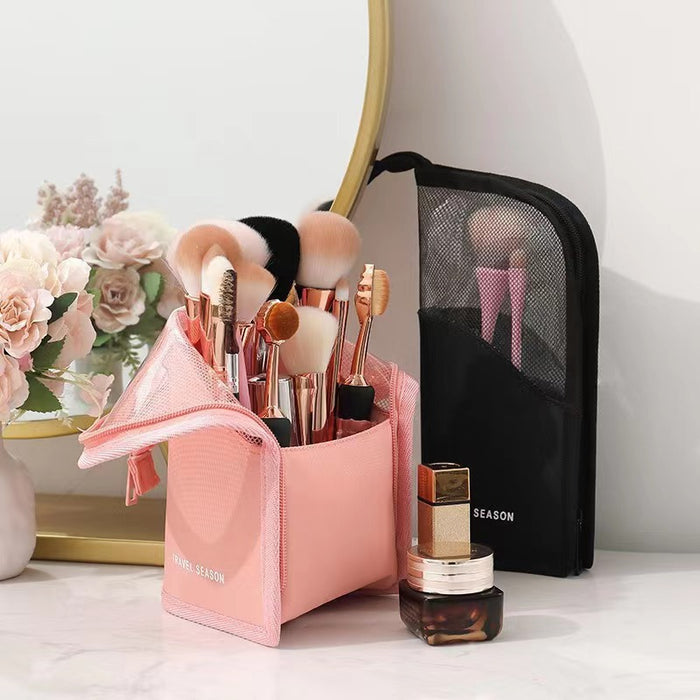 Wholesale Stylish Pink Polyester Mesh Cosmetic Bag Large Capacity Travel Makeup Organizer