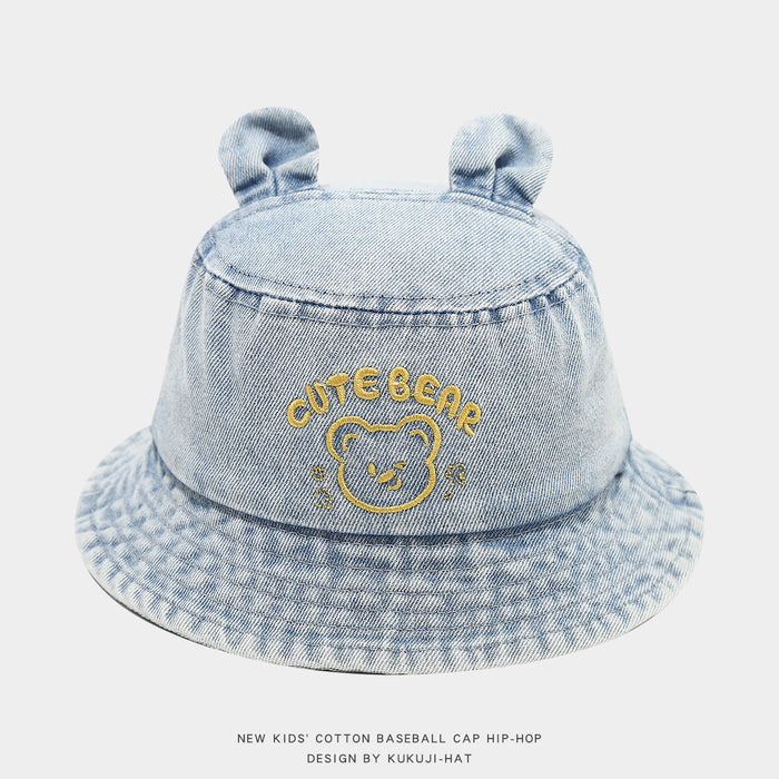 Wholesale Cartoon Letter Bear Denim Kids Bucket Hat Light Blue Sun Hat For Toddlers Casual Fashion Accessory