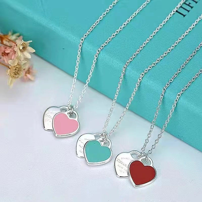 Wholesale Heart Necklace Sterling Silver Red Heart Dripping Oil Enamel Blue Clavicle Chain Double Heart-Shaped Pendant