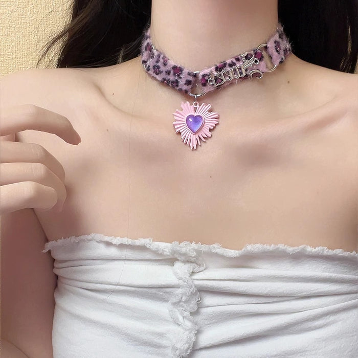 Wholesale Purple Leopard Print Heart Plush Collar