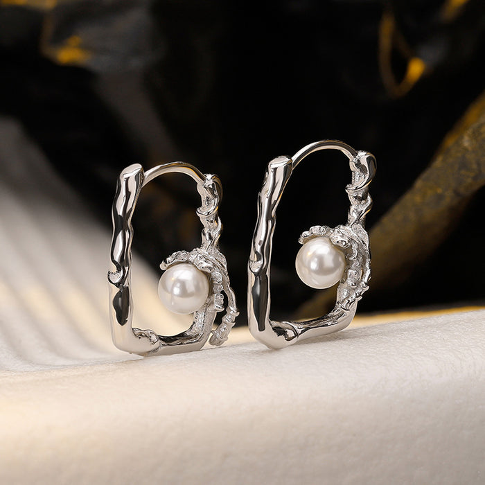 Wholesale Silver Asymmetrical Special-Shaped Texture Inlaid with Shell Beads Earrings