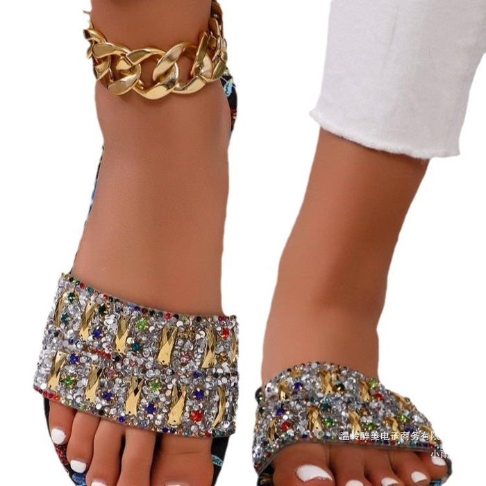 Wholesale  plus size flat-bottomed rhinestone slippers women wear graffiti flowers wear sandals and slippers