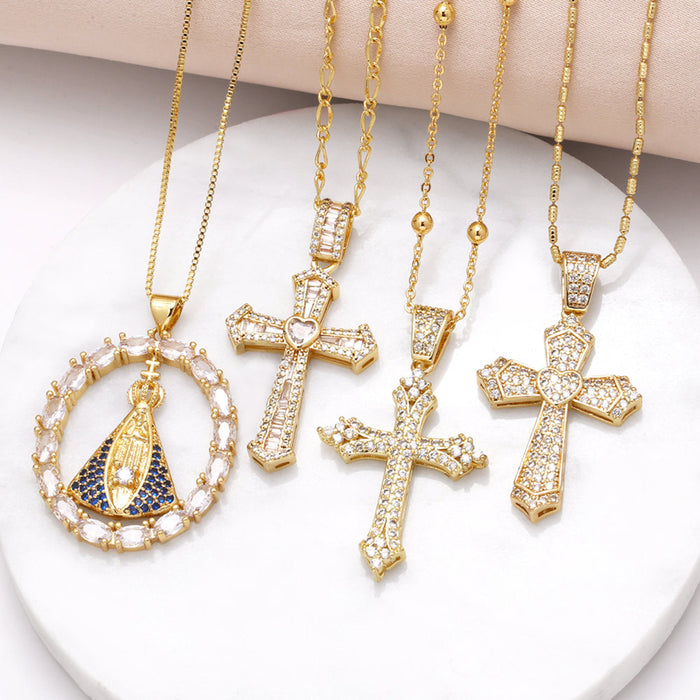 Wholesale Jewelry Cross Our Lady Pendant Necklace Gold Plated Zircon Clavicle Chain