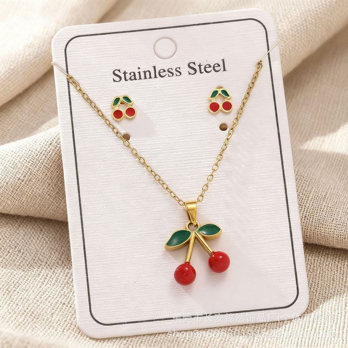 Wholesale 18K Gold Cherry Stainless Steel Earring and Necklace Set