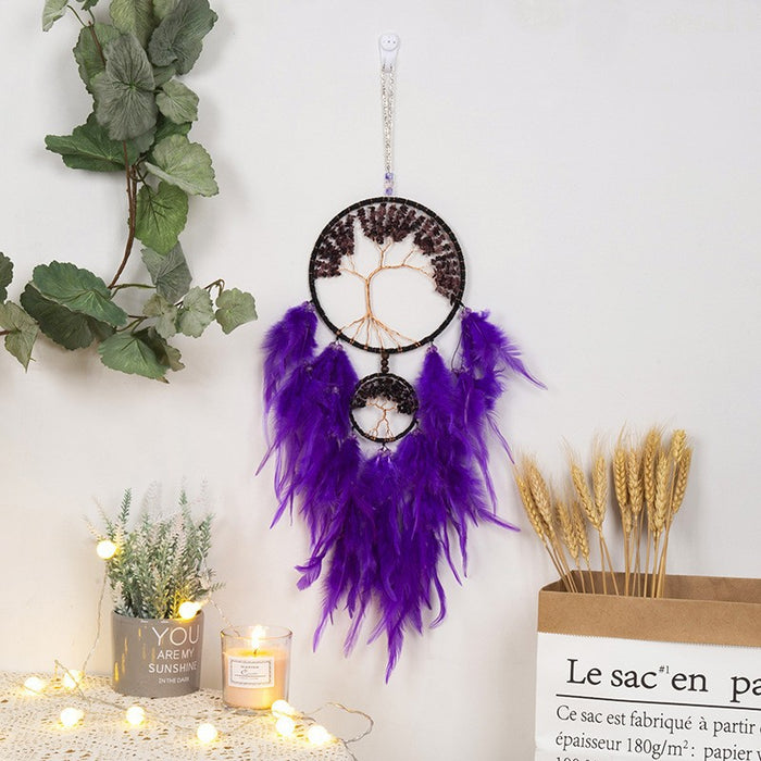 Wholesale Feather Dreamcatcher Wall Hanging with Tree of Life Design and Natural Stone Accents
