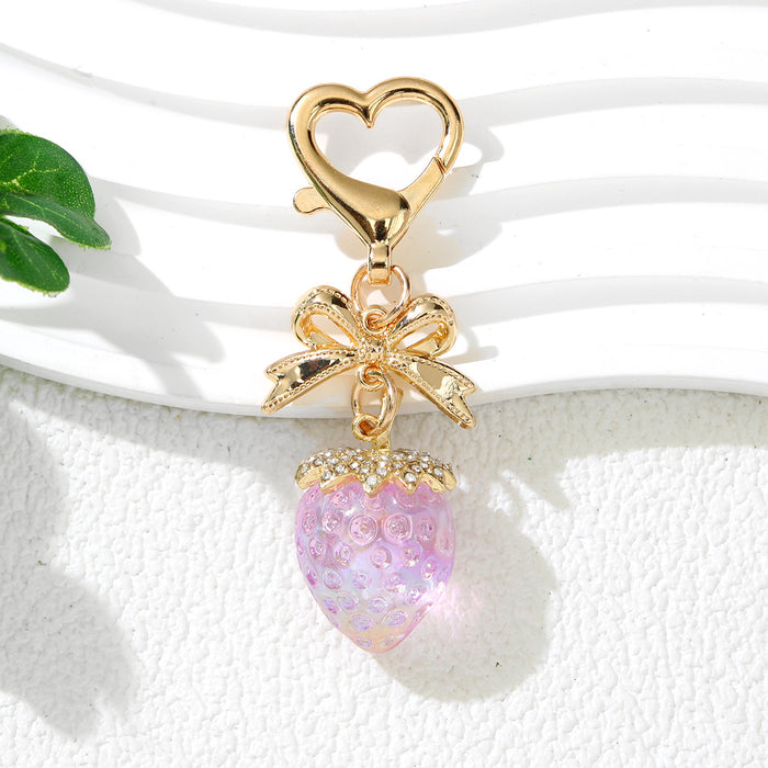 Wholesale Cute Strawberry Keychain with Bow - Plated Red Plastic Decorative Accessory MOQ≥2