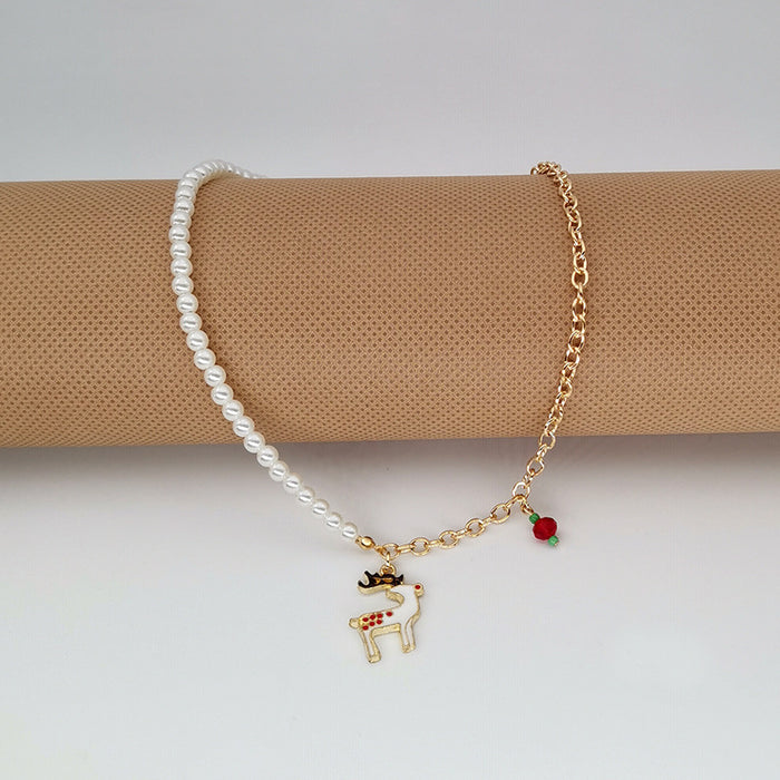 Wholesale Christmas Necklace Alloy Dripping Oil  Snowflake Bell Pearl Christmas Necklace