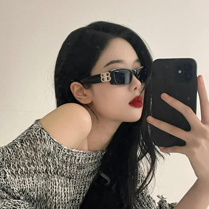 Wholesale High end fashion street photography sun protection double B box cat eye sunglasses