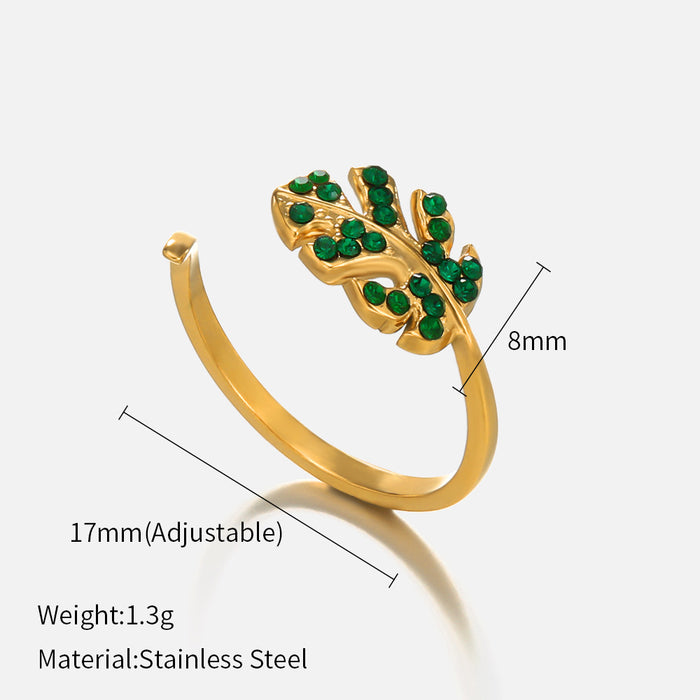 Wholesale Leaves Diamond Stainless Steel Ring Green Diamond Adjustable Ring for Women
