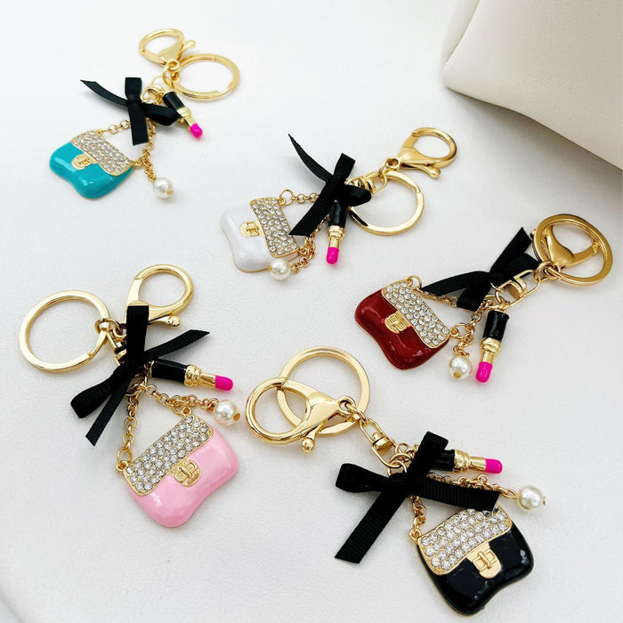 Wholesale Rhinestone Lipstick Bow Small Shoulder Bag Alloy Keychain JDC-KC-ZhanLun005