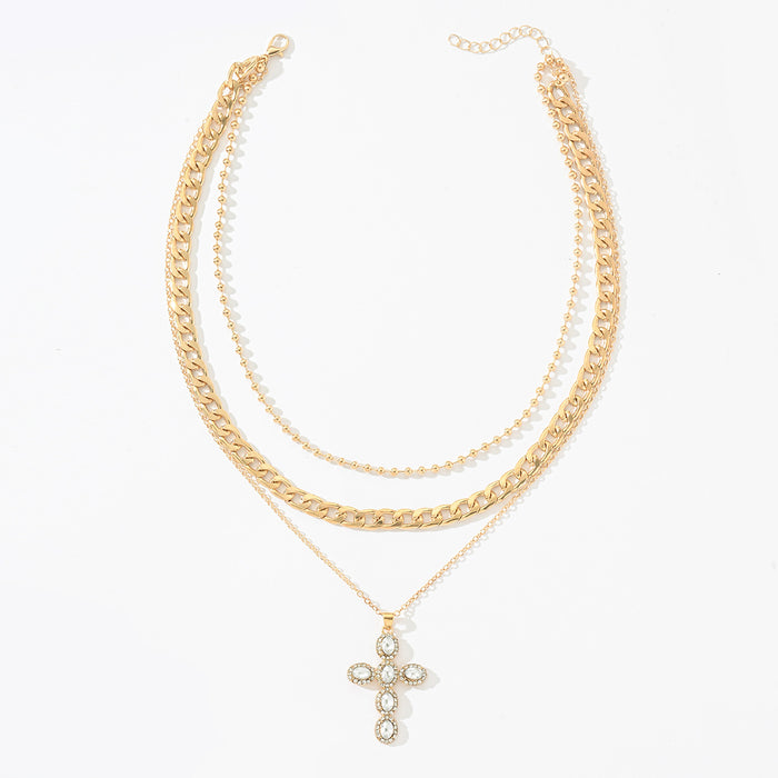 Wholesale Trendy cross necklace, light luxury, niche diamond inlaid pendant, personalized layering, high-end sweater chain
