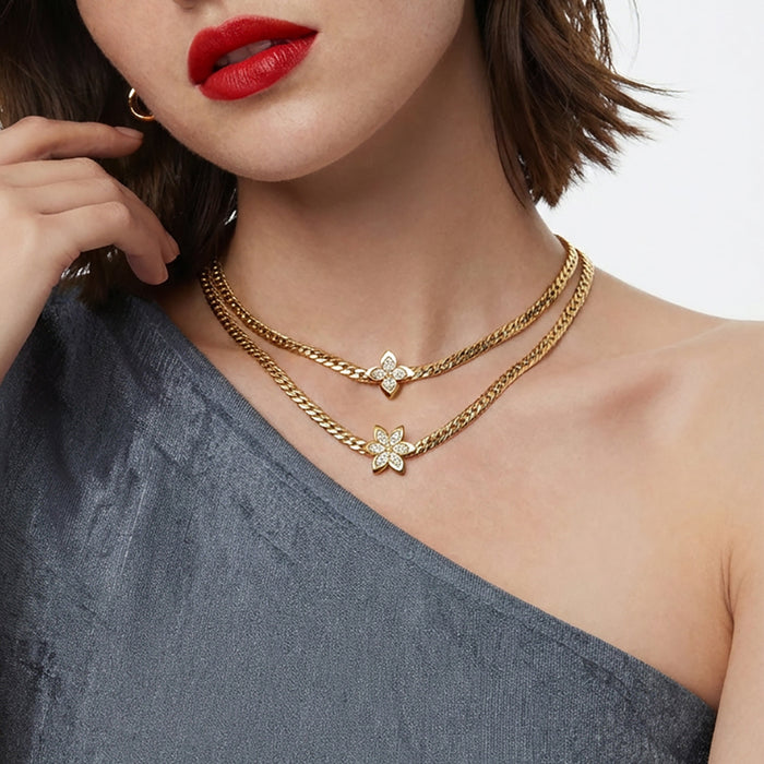 Wholesale 3D Stainless Steel Flower Bracelet &  Layering Necklace Set