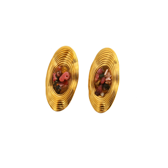 Wholesale Vintage exquisite high-end stainless steel oval earrings set with natural stone earrings and ring set