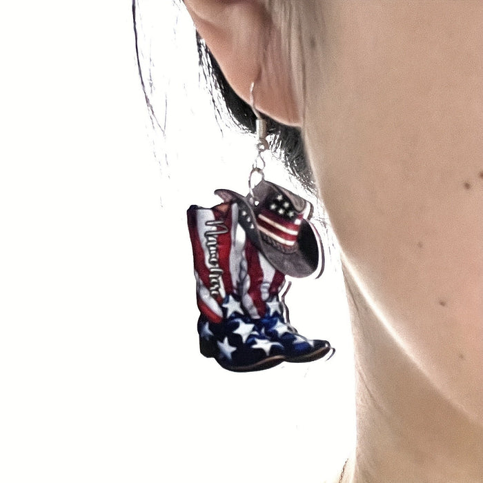Wholesale Double Sided Acrylic USA Flag Boots Earrings Patriotic Fashion Jewelry Accessory MOQ≥2