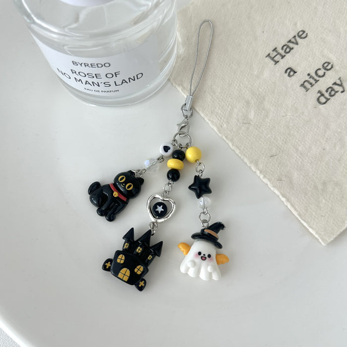 Wholesale Trendy  Ghost Beaded Keychain Charm Black Cat Phone Bag Pendant Fashion Accessory