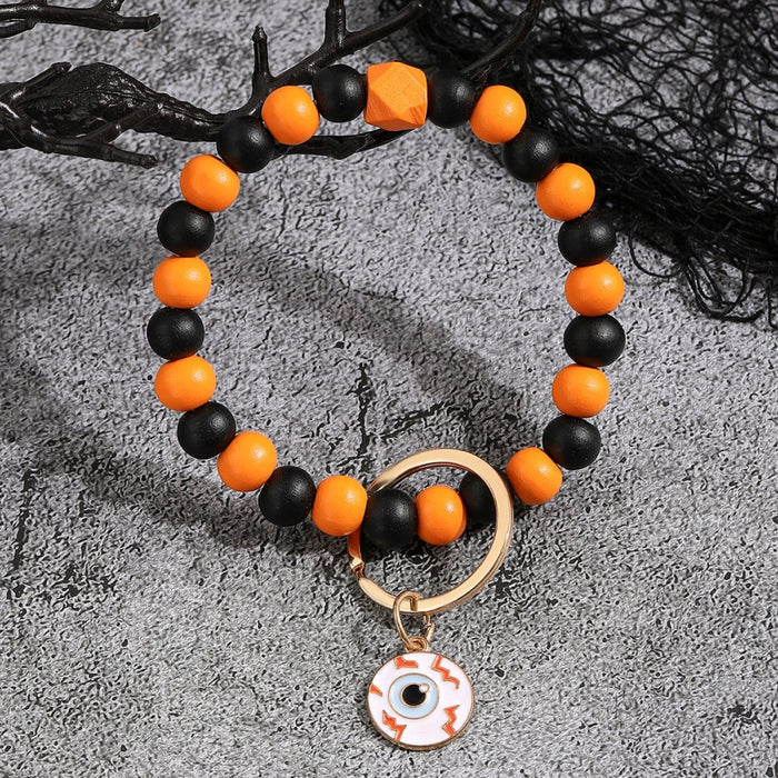 Wholesale Halloween Day Bracelet Halloween Pumpkin Wooden Beaded Keychain JDC-KC-RongRui030