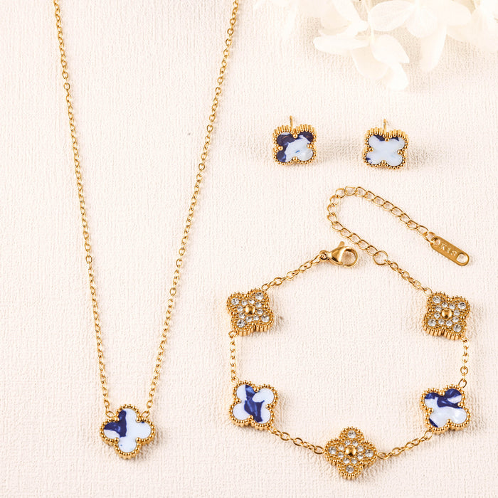 Wholesale Stainless Steel Four-Leaf Clover Three-Piece Gold-Plated Jewelry Set