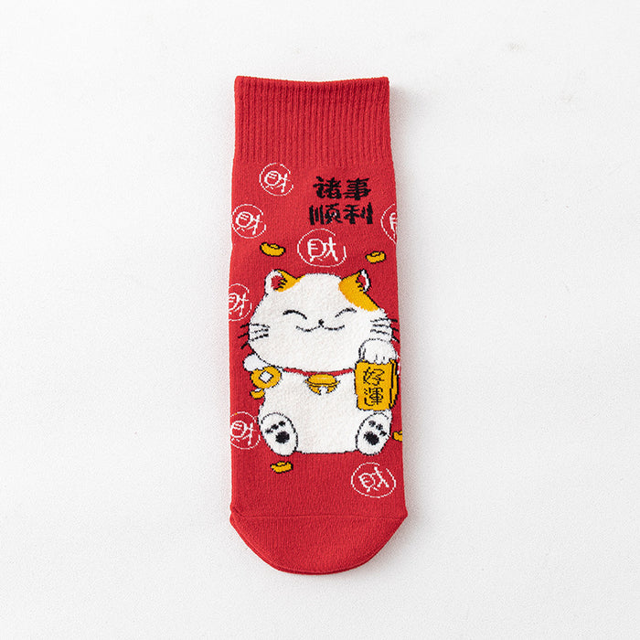 Wholesale Socks for men and women mid-tube socks cotton bottom festive red stockings new year gift lucky cat socks