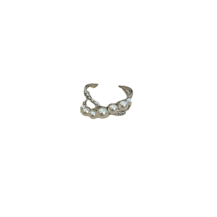 Wholesale Light luxury pearl cross design ring, fashionable and versatile index finger ring, high-end feel, adjustable opening ring
