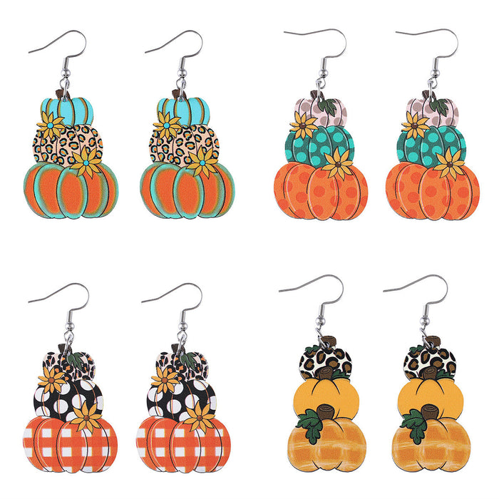 Wholesale Thanksgiving Autumn Harvest Polka Dot Plaid Pumpkin Flower Pendant Wooden Earrings JDC-ES-WenT023