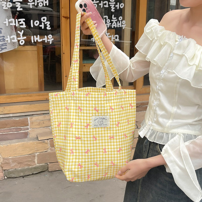 Wholesale New Checkered Bow Printed Canvas Bag Art Shoulder Bag