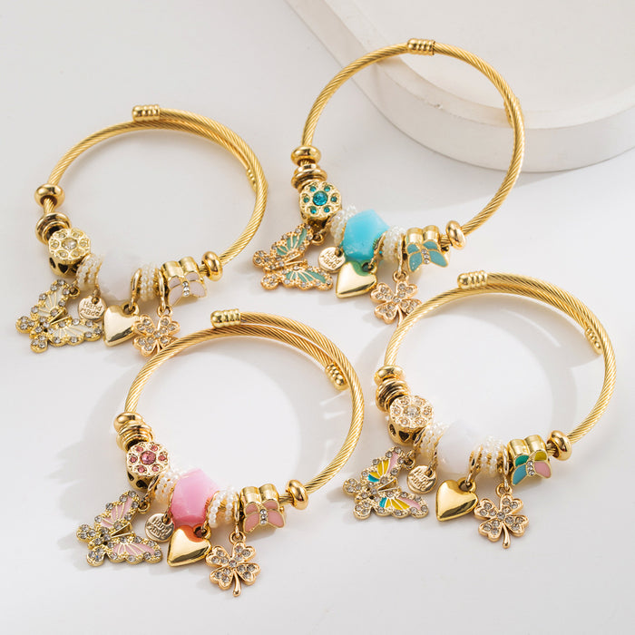 Wholesale Chic Adjustable Women S Bracelet With Butterfly Heart Clover Charms Alloy Pink Fashion Jewelry Accessory