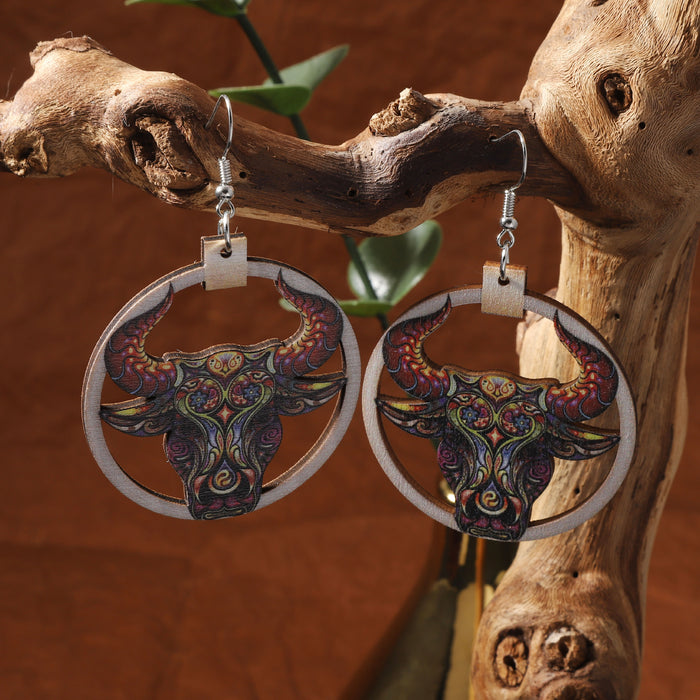 Wholesale Western Denim Style Printing Wooden Creative Farm Highland Cattle Ear Drop