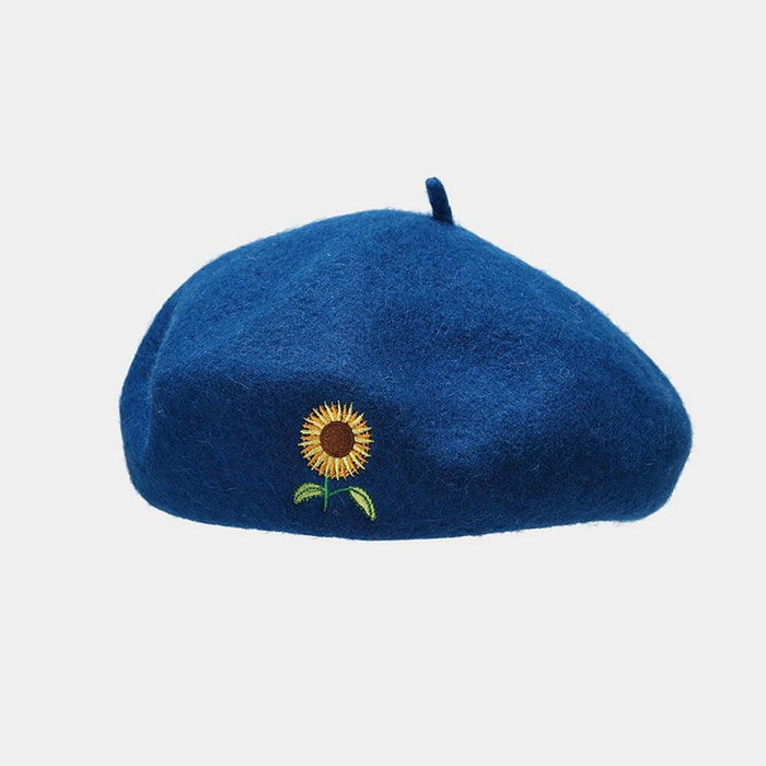 Wholesale Artistic and retro sunflower embroidered beret fashionhat