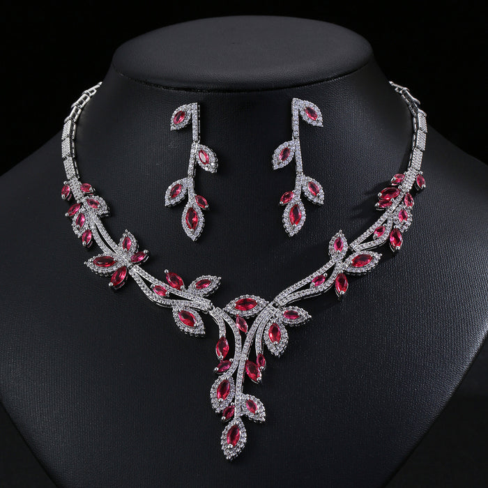 Wholesale Zircon Necklace Earrings suit Jewelry Full Diamond Jewelry Leaves Women' s Holiday Wear