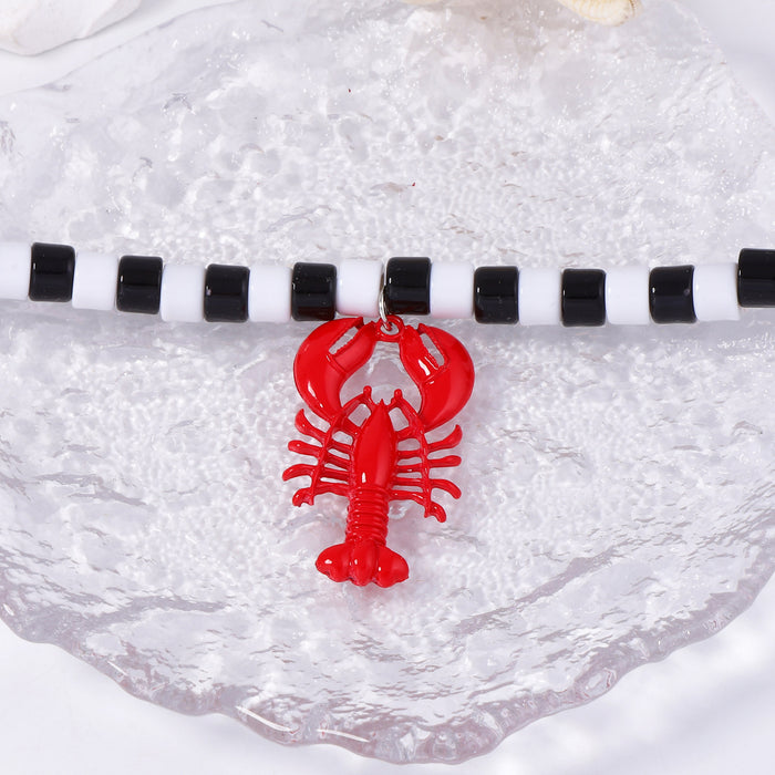Wholesale Alloy Oil Dripping Lobster Pendant Women's Black and White Beaded Necklace