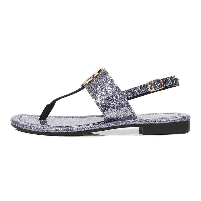 Wholesale Crystal Sequin Simple Low Heel Flat Large Size Sandals JDC-SD-ChengMei001