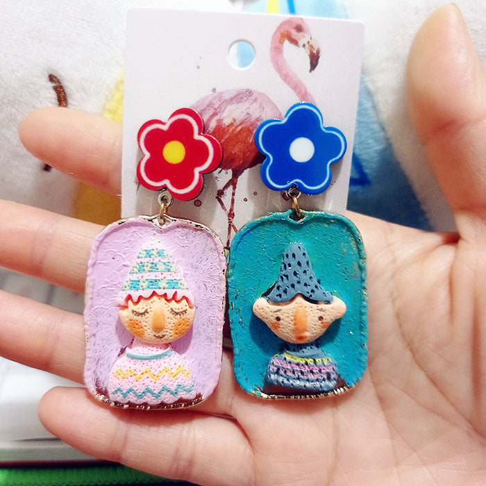 Wholesale Doll Ethnic Style Funny Windowsill Men Women Hand-painted Color Cartoon Earrings Women